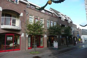 Een straatbeeld van een bakstenen gebouw met ramen en deuren met rode kozijnen, kleine balkons en verschillende bomen op de stoep. Er zijn uithangborden en advertenties buiten de winkels op de begane grond. Er hangen versieringen boven het hoofd. Arjan Ratsma heeft het weer gefixt.